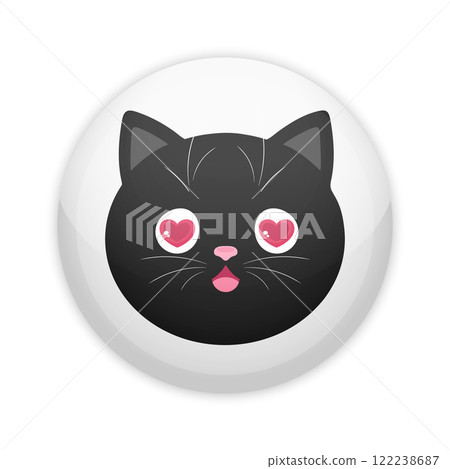 Glossy badge button with cute black cat in love. Round plastic pin. Vector illustration 122238687