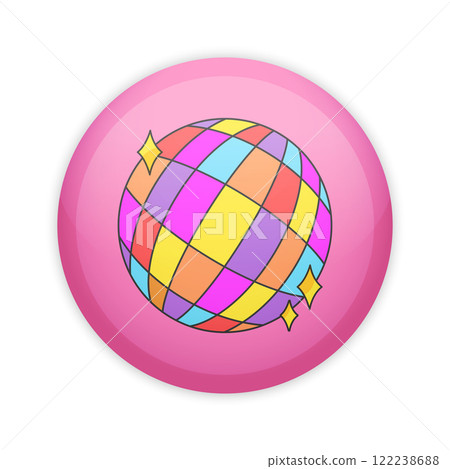Glossy badge button with sparkling disco ball. Round plastic pin. Vector illustration 122238688