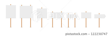 Picket sign, demonstration banners, public transparency, protest placard. Design blank boards with sticks, wooden holders template. Concept sign picket element Picket sign, demonstration banners, public transparency, protest placard. Design blank boards with sticks, wooden holders template. Concept sign picket element 122238747