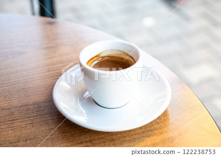 White cup with dark black coffee, Tirana, Albania 122238753