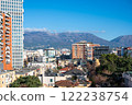 High angle cityscape over Tirana with colorful apartment blocks, Albania 122238754