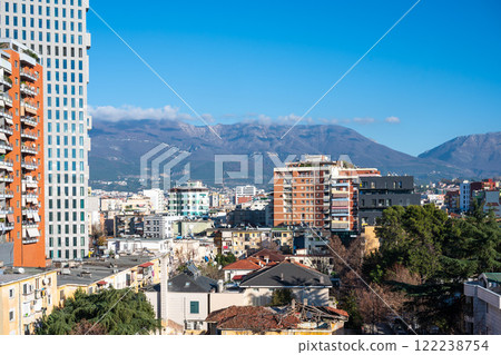 High angle cityscape over Tirana with colorful apartment blocks, Albania 122238754