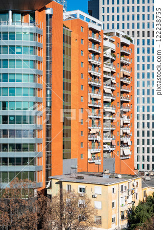 High angle cityscape over Tirana with colorful apartment blocks, Albania High angle cityscape over Tirana with colorful apartment blocks, Albania 122238755