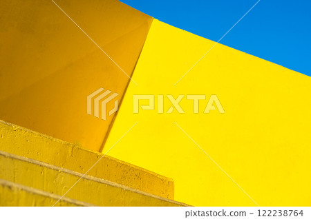 Yellow geometrical forms and lines with a blue corner, Tirana, Albania Yellow geometrical forms and lines with a blue corner, Tirana, Albania 122238764