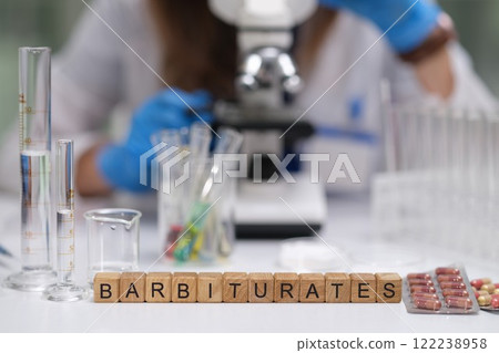 A detailed Laboratory Scene showcasing Barbiturates and a Microscope for scientific analysis 122238958