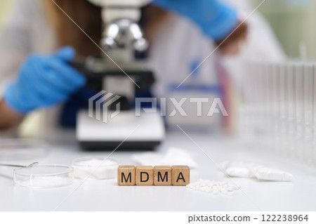The thorough examination of MDMA in a laboratory setting utilizing a microscope for analysis 122238964
