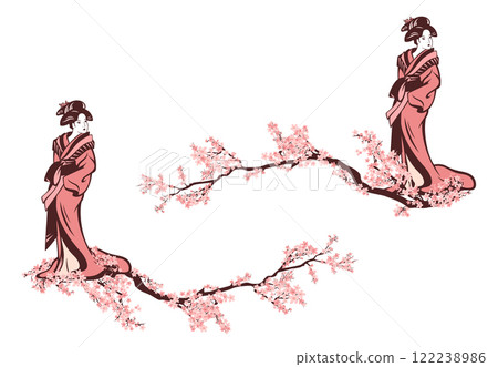 spring season japanese geisha and cherry blossom branches vector border design set 122238986