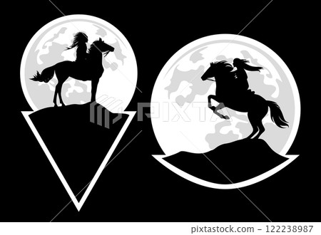 native american man and woman riding rearing up horse black vector silhouette against full moon 122238987