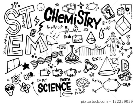 STEM chemistry doodles with science symbols and formulas for education STEM chemistry doodles with science symbols and formulas for education 122239039