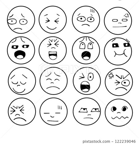 Emotional expressions in various cartoon faces, showcasing range of feelings 122239046