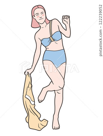 cheerful girl in blue bikini holding yellow towel, enjoying summer cheerful girl in blue bikini holding yellow towel, enjoying summer 122239052