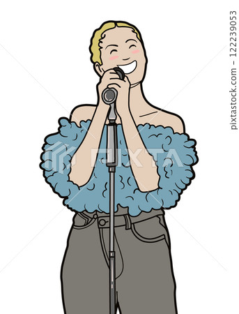Cheerful girl singing with microphone, wearing fluffy blue top Cheerful girl singing with microphone, wearing fluffy blue top 122239053