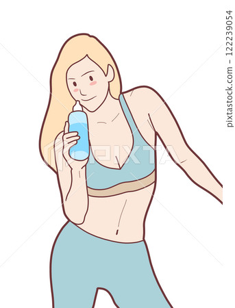 Fit woman holding water bottle, wearing sports attire, smiling happily Fit woman holding water bottle, wearing sports attire, smiling happily 122239054