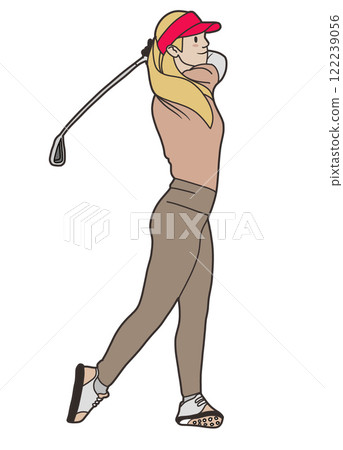 girl swinging golf club in sporty outfit, showcasing athleticism and focus girl swinging golf club in sporty outfit, showcasing athleticism and focus 122239056