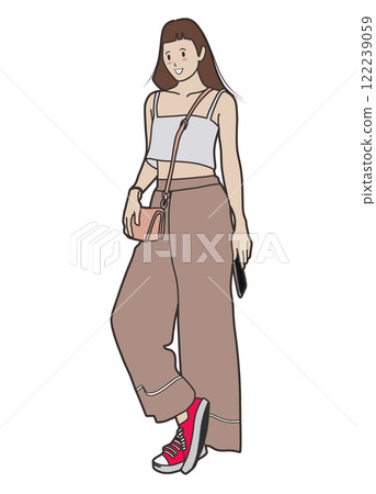 Stylish girl in casual outfit with wide pants and sneakers 122239059