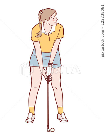 girl preparing to swing golf club, wearing yellow shirt and blue shorts 122239061