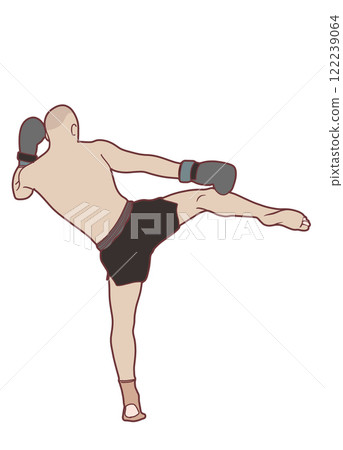 Martial artist performing high kick in boxing gloves, showcasing strength and balance 122239064