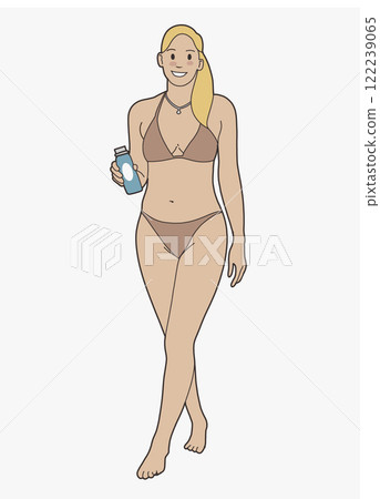 confident woman in bikini holding water bottle, enjoying summer vibes 122239065