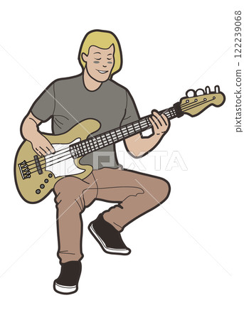 young man playing bass guitar with relaxed expression young man playing bass guitar with relaxed expression 122239068