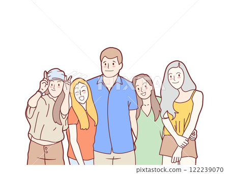 Friendly group of five people smiling together in casual attire Friendly group of five people smiling together in casual attire 122239070