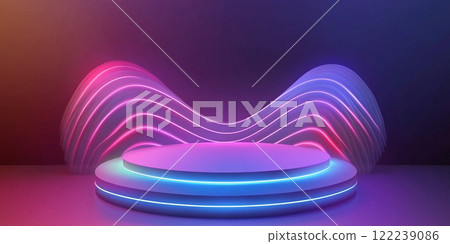 Abstract podium with glowing neon lights and sound waves for product presentation background. Abstract podium with glowing neon lights and sound waves for product presentation background. 122239086