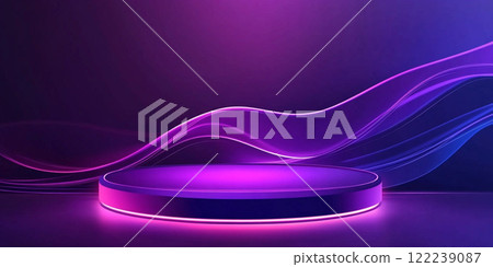 Abstract podium with glowing neon lights and sound waves for product presentation background. 122239087