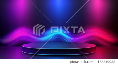 Abstract podium with glowing neon lights and sound waves for product presentation background. Abstract podium with glowing neon lights and sound waves for product presentation background. 122239088