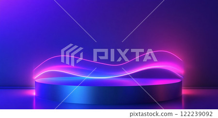 Abstract podium with glowing neon lights and sound waves for product presentation background. Abstract podium with glowing neon lights and sound waves for product presentation background. 122239092