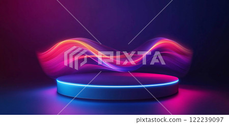 Abstract podium with glowing neon lights and sound waves for product presentation background. Abstract podium with glowing neon lights and sound waves for product presentation background. 122239097