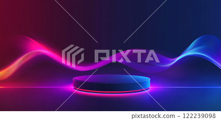 Abstract podium with glowing neon lights and sound waves for product presentation background. 122239098