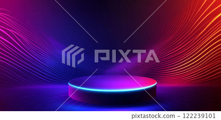 Abstract podium with glowing neon lights and sound waves for product presentation background. Abstract podium with glowing neon lights and sound waves for product presentation background. 122239101