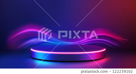 Abstract podium with glowing neon lights and sound waves for product presentation background. Abstract podium with glowing neon lights and sound waves for product presentation background. 122239102