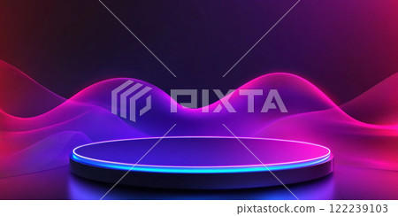 Abstract podium with glowing neon lights and sound waves for product presentation background. 122239103