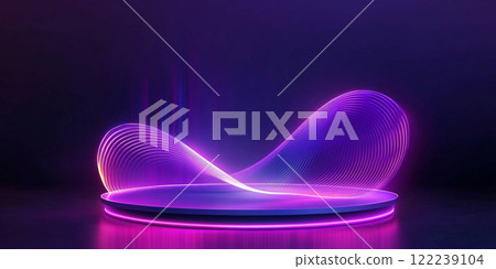 Abstract podium with glowing neon lights and sound waves for product presentation background. Abstract podium with glowing neon lights and sound waves for product presentation background. 122239104