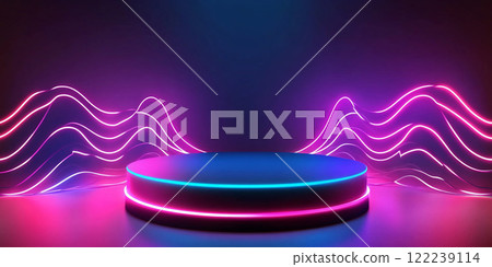 Abstract podium with glowing neon lights and sound waves for product presentation background. 122239114