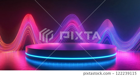 Abstract podium with glowing neon lights and sound waves for product presentation background. 122239115