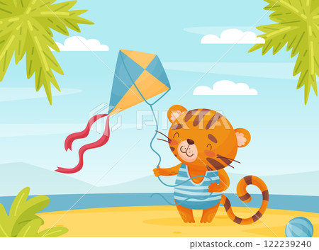 Cute Tiger Animal Enjoy Summer Flying Kite at Beach Vector Illustration 122239240