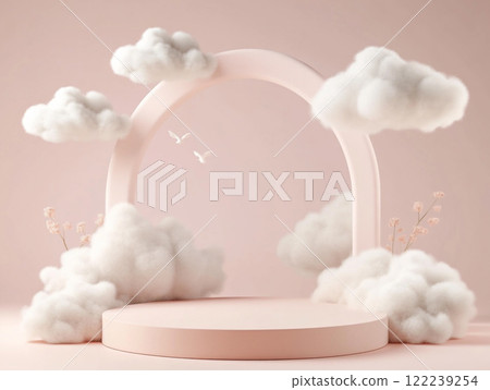 A soft beige pink podium and cloud decoration around it. A soft beige pink podium and cloud decoration around it. 122239254