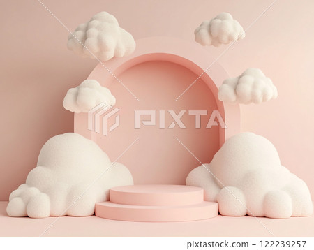 A soft beige pink podium and cloud decoration around it. A soft beige pink podium and cloud decoration around it. 122239257