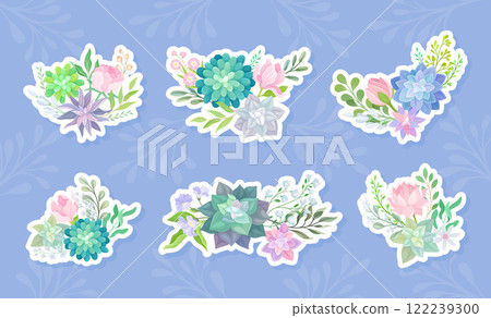 Succulent Bunch and Bouquet with Fleshy Green Plant and Flora Vector Set Succulent Bunch and Bouquet with Fleshy Green Plant and Flora Vector Set 122239300