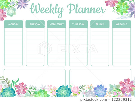 Succulent Weekly Planner Design with Fleshy Green Plant and Flora Vector Template 122239312