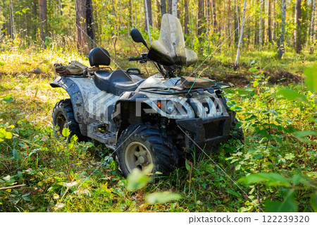 Quad bike or ATV surrounded by lush greenery in a serene forest during midday. Quad bike or ATV surrounded by lush greenery in a serene forest during midday. 122239320