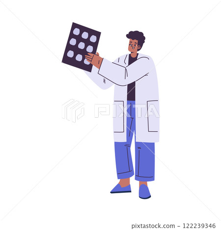 Man Scientist Character in Coat Standing with Brain Screen Vector Illustration 122239346