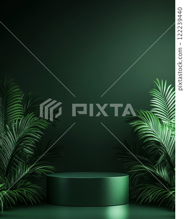 A minimalist podium with green plants on the sides, set against a dark background. A minimalist podium with green plants on the sides, set against a dark background. 122239440