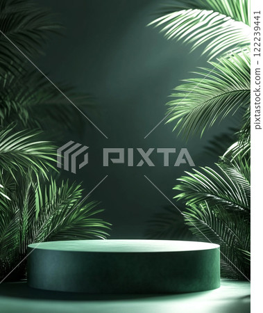 A minimalist podium with green plants on the sides, set against a dark background.  122239441