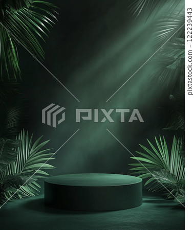 A minimalist podium with green plants on the sides, set against a dark background. A minimalist podium with green plants on the sides, set against a dark background. 122239443