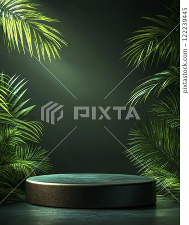 A minimalist podium with green plants on the sides, set against a dark background.  122239445