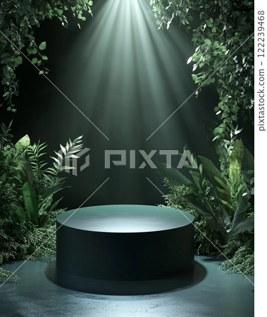 A minimalist podium with green plants on the sides, set against a dark background. A minimalist podium with green plants on the sides, set against a dark background. 122239468