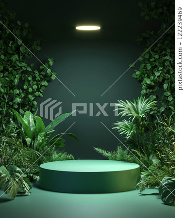 A minimalist podium with green plants on the sides, set against a dark background. A minimalist podium with green plants on the sides, set against a dark background. 122239469