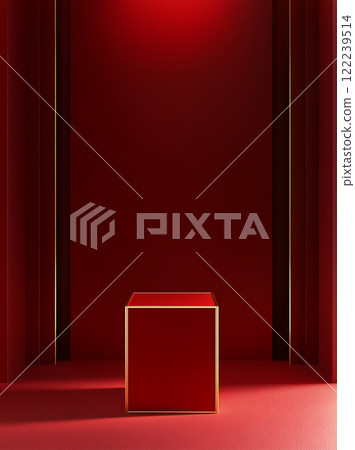 Red background, empty product display podium on red floor with dark maroon background. Simple and clean design. Red background, empty product display podium on red floor with dark maroon background. Simple and clean design. 122239514